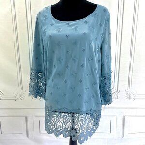 Dusty Blue Embroidered Blouse long Lace edges Alessa W 10